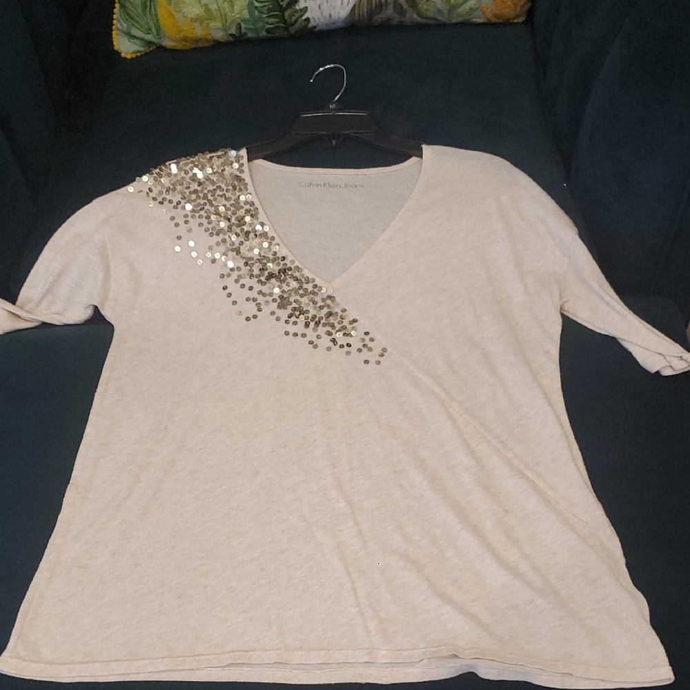 Calvin Klein Cream Sequin Embellished Oversized Short Sleeve Tee
